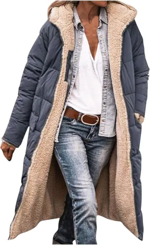 Womens Winter Coats Long Sherpa Fleece Lined Reversible Jacket Warm Faux Fur Coat Zip Up Quilted Outerwear with Hood