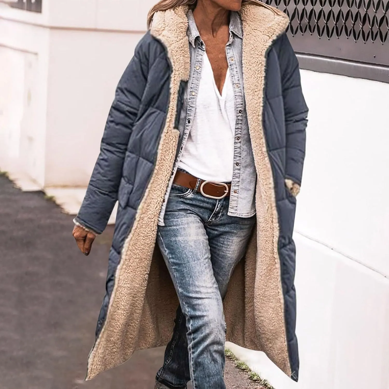 Womens Winter Coats Long Sherpa Fleece Lined Reversible Jacket Warm Faux Fur Coat Zip Up Quilted Outerwear with Hood