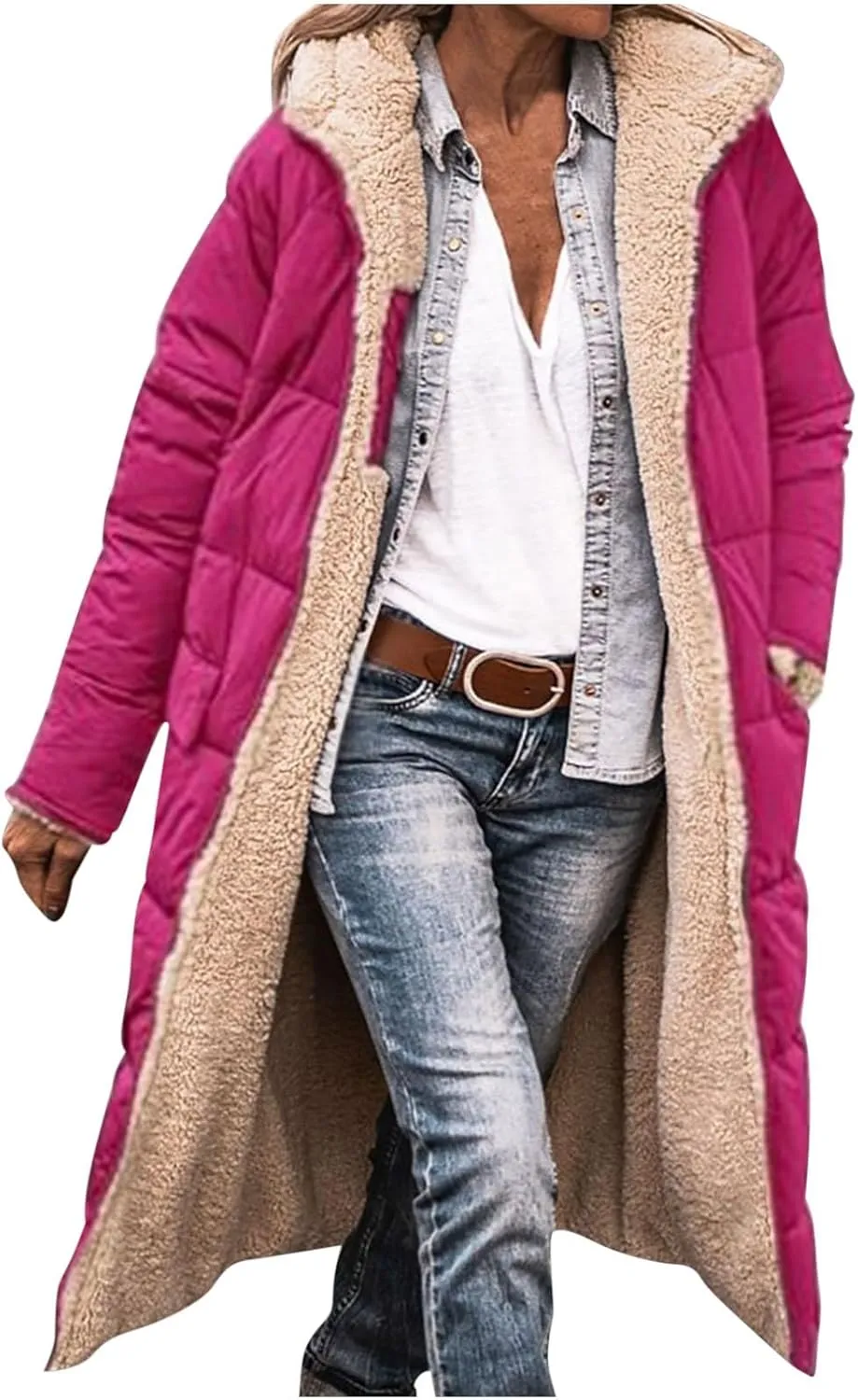 Womens Winter Coats Long Sherpa Fleece Lined Reversible Jacket Warm Faux Fur Coat Zip Up Quilted Outerwear with Hood
