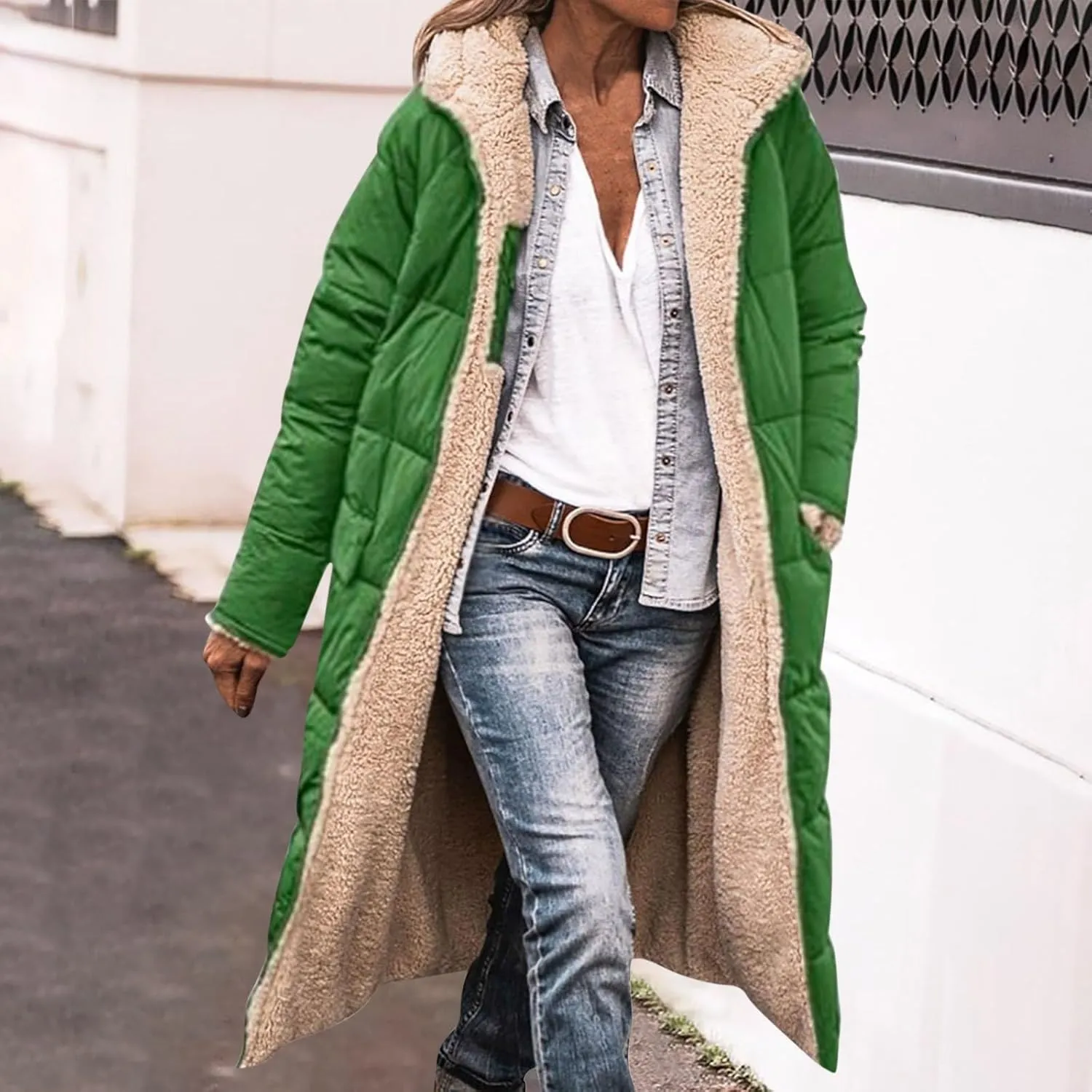 Womens Winter Coats Long Sherpa Fleece Lined Reversible Jacket Warm Faux Fur Coat Zip Up Quilted Outerwear with Hood