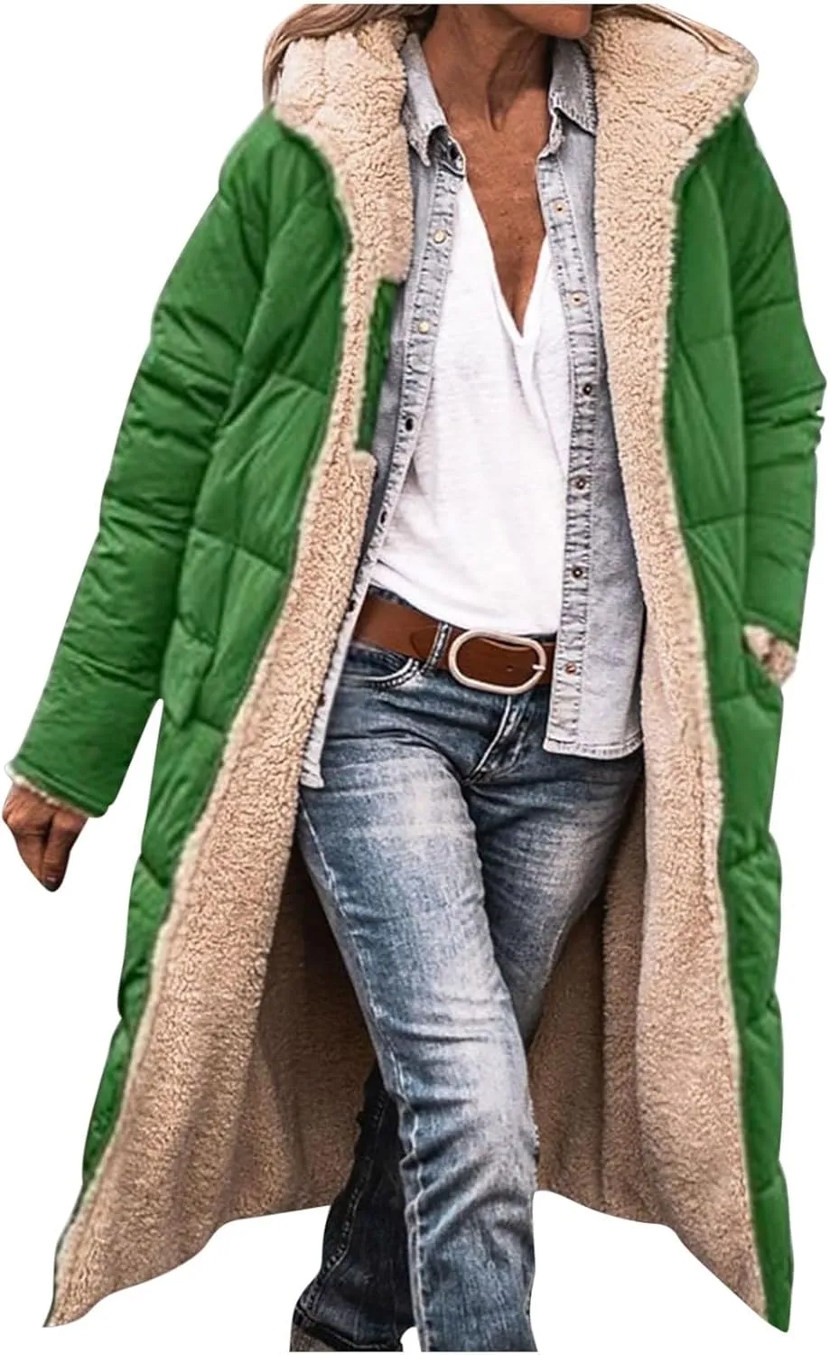 Womens Winter Coats Long Sherpa Fleece Lined Reversible Jacket Warm Faux Fur Coat Zip Up Quilted Outerwear with Hood