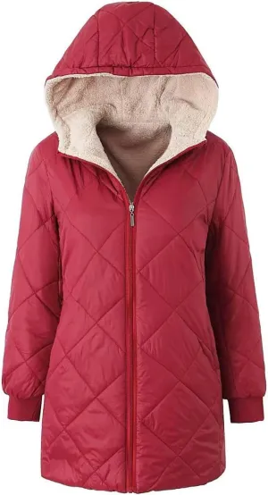 Women's Winter Hooded Plush Coat Warm Lamb Shacket Fleece Lined Jackets Padded Cotton Zip Up Heavyweight Coats