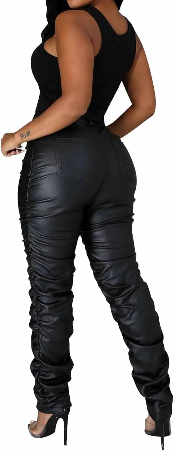 Zebaexf Women's Stretchy Faux Leather Leggings Pants,High Waist Stacked Pants for Women
