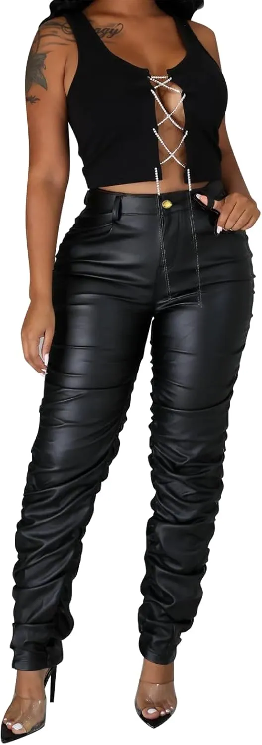 Zebaexf Women's Stretchy Faux Leather Leggings Pants,High Waist Stacked Pants for Women