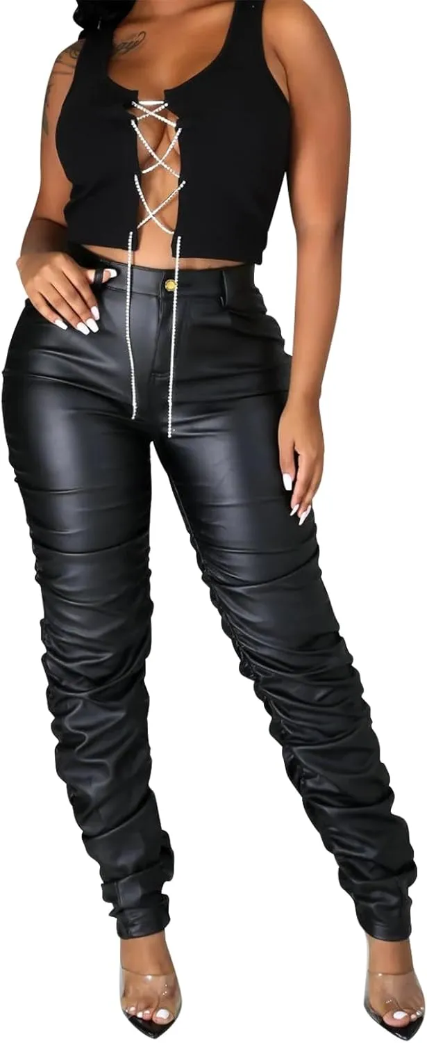 Zebaexf Women's Stretchy Faux Leather Leggings Pants,High Waist Stacked Pants for Women