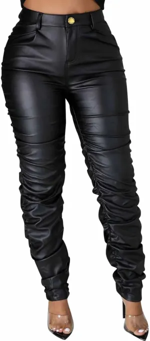 Zebaexf Women's Stretchy Faux Leather Leggings Pants,High Waist Stacked Pants for Women