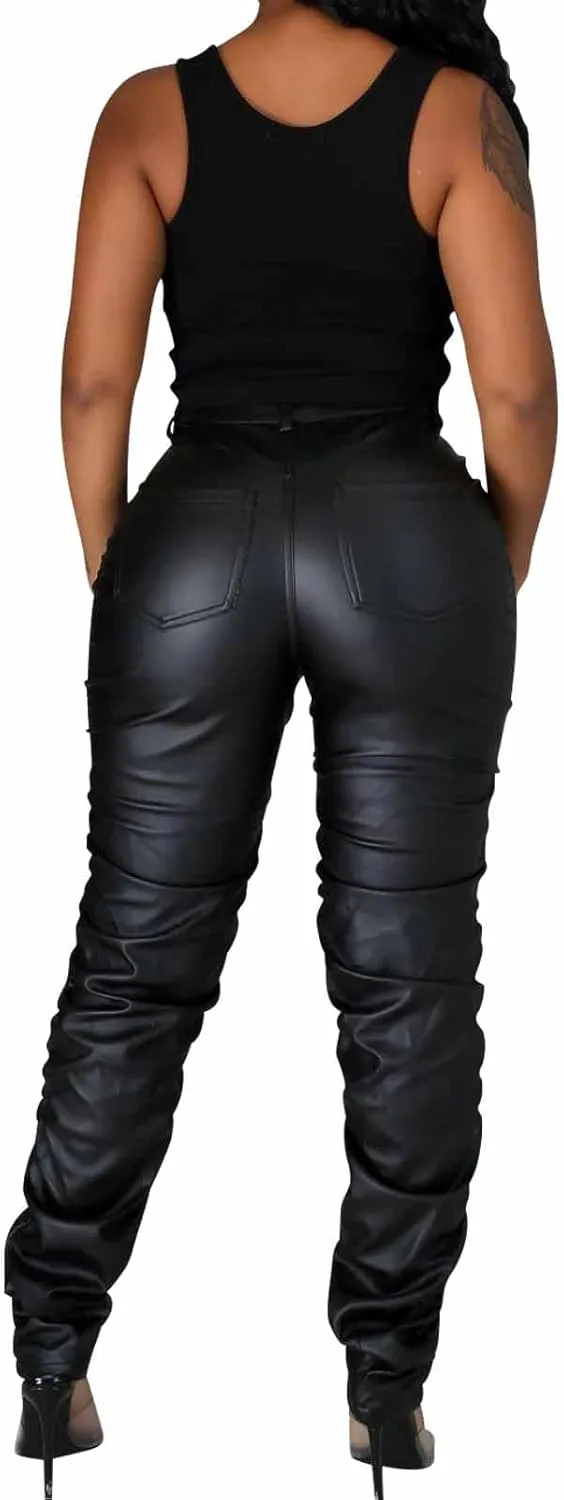 Zebaexf Women's Stretchy Faux Leather Leggings Pants,High Waist Stacked Pants for Women