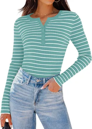 ZESICA Womens Long Sleeve Striped Shirts V Neck Button Up Sweater Casual Loose Basic Tops Trendy Spring Clothes