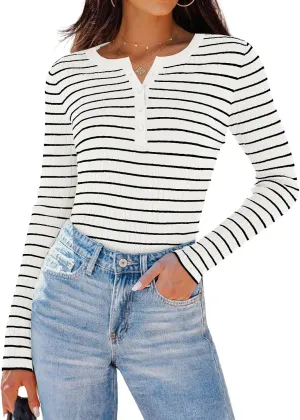 ZESICA Womens Long Sleeve Striped Shirts V Neck Button Up Sweater Casual Loose Basic Tops Trendy Spring Clothes