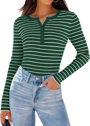 ZESICA Womens Long Sleeve Striped Shirts V Neck Button Up Sweater Casual Loose Basic Tops Trendy Spring Clothes