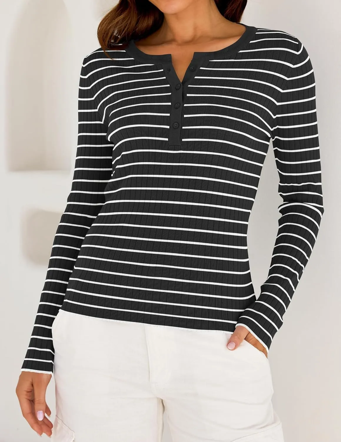 ZESICA Womens Long Sleeve Striped Shirts V Neck Button Up Sweater Casual Loose Basic Tops Trendy Spring Clothes