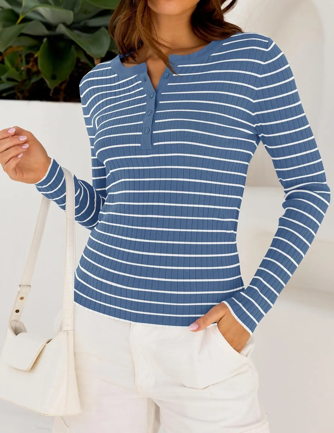 ZESICA Womens Long Sleeve Striped Shirts V Neck Button Up Sweater Casual Loose Basic Tops Trendy Spring Clothes