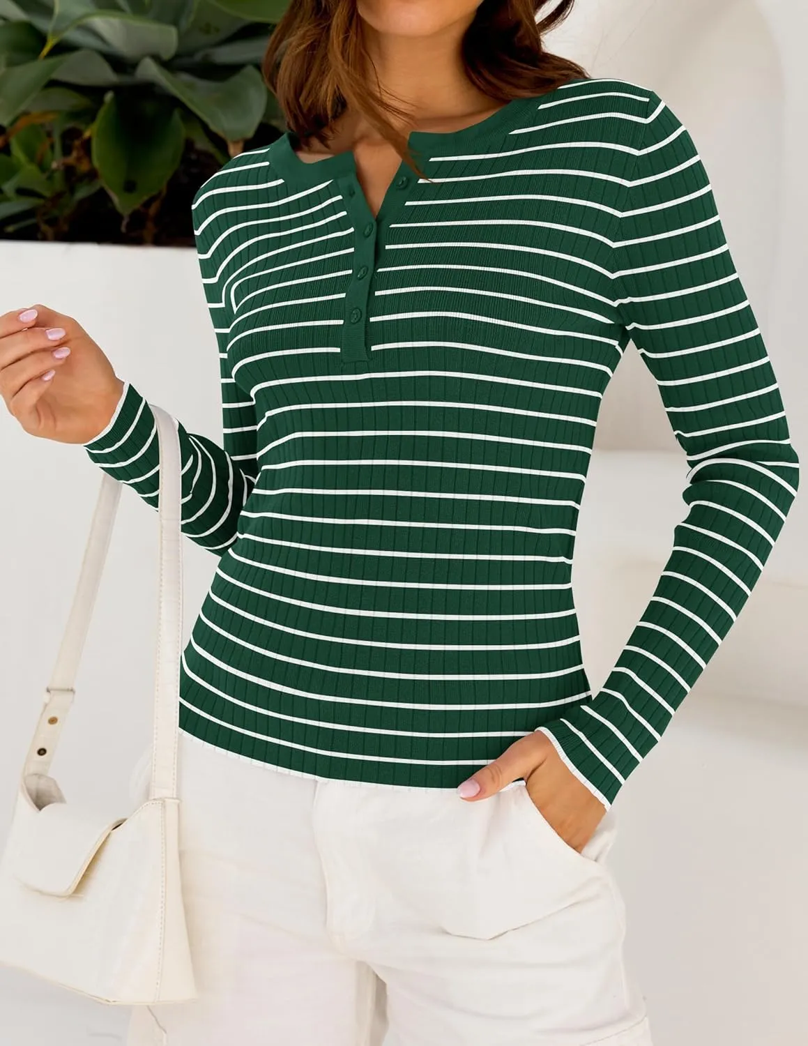 ZESICA Womens Long Sleeve Striped Shirts V Neck Button Up Sweater Casual Loose Basic Tops Trendy Spring Clothes