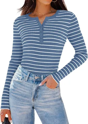 ZESICA Womens Long Sleeve Striped Shirts V Neck Button Up Sweater Casual Loose Basic Tops Trendy Spring Clothes