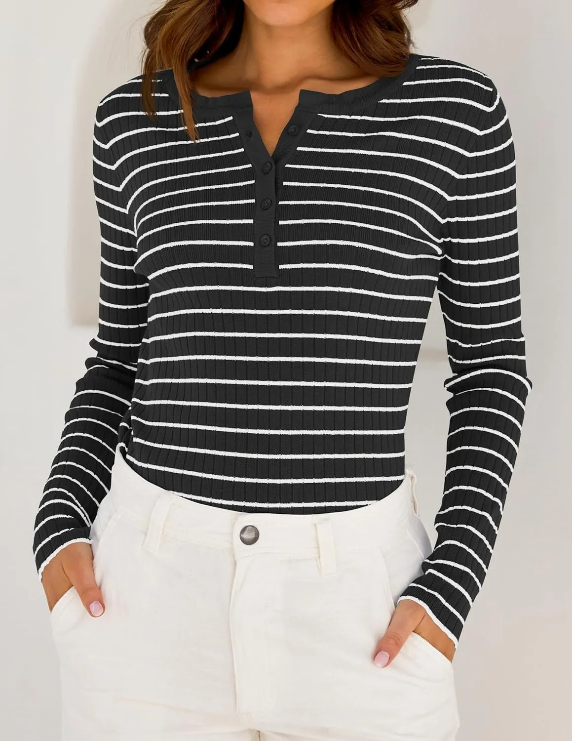 ZESICA Womens Long Sleeve Striped Shirts V Neck Button Up Sweater Casual Loose Basic Tops Trendy Spring Clothes