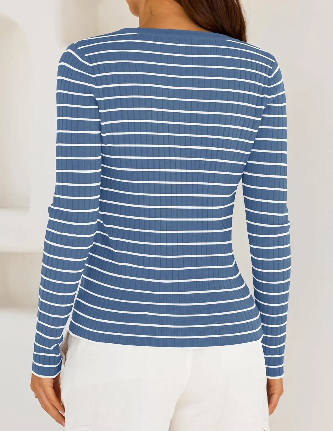 ZESICA Womens Long Sleeve Striped Shirts V Neck Button Up Sweater Casual Loose Basic Tops Trendy Spring Clothes
