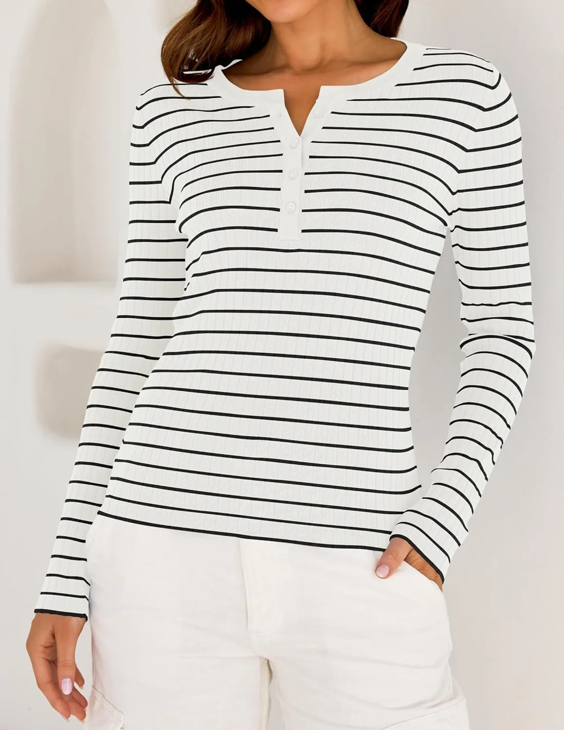 ZESICA Womens Long Sleeve Striped Shirts V Neck Button Up Sweater Casual Loose Basic Tops Trendy Spring Clothes