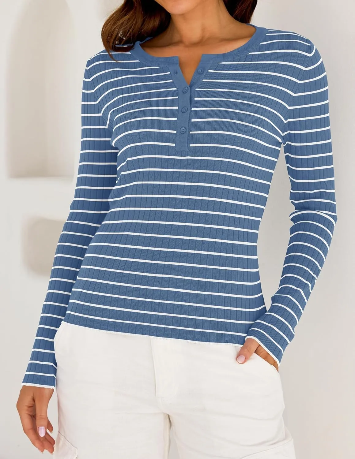 ZESICA Womens Long Sleeve Striped Shirts V Neck Button Up Sweater Casual Loose Basic Tops Trendy Spring Clothes