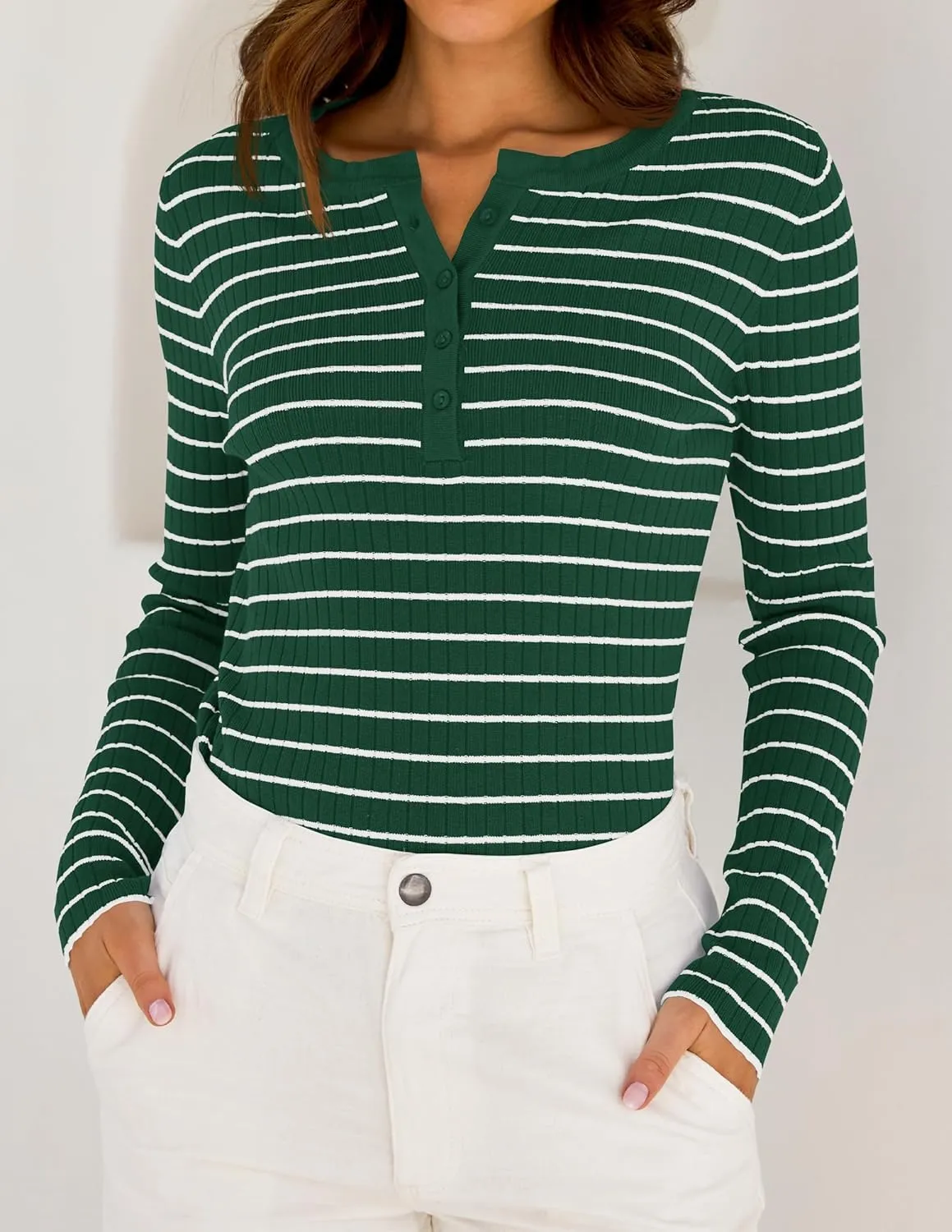 ZESICA Womens Long Sleeve Striped Shirts V Neck Button Up Sweater Casual Loose Basic Tops Trendy Spring Clothes
