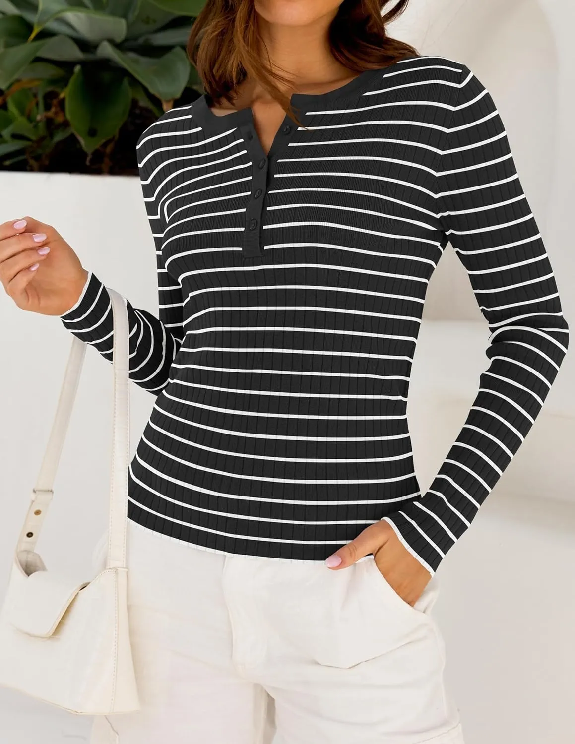 ZESICA Womens Long Sleeve Striped Shirts V Neck Button Up Sweater Casual Loose Basic Tops Trendy Spring Clothes