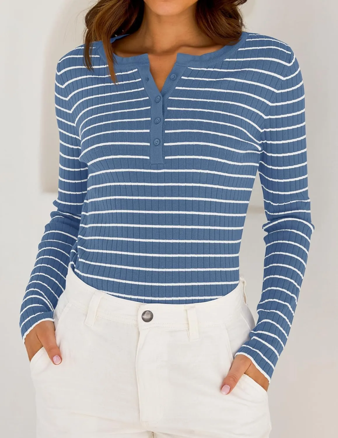 ZESICA Womens Long Sleeve Striped Shirts V Neck Button Up Sweater Casual Loose Basic Tops Trendy Spring Clothes