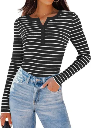 ZESICA Womens Long Sleeve Striped Shirts V Neck Button Up Sweater Casual Loose Basic Tops Trendy Spring Clothes
