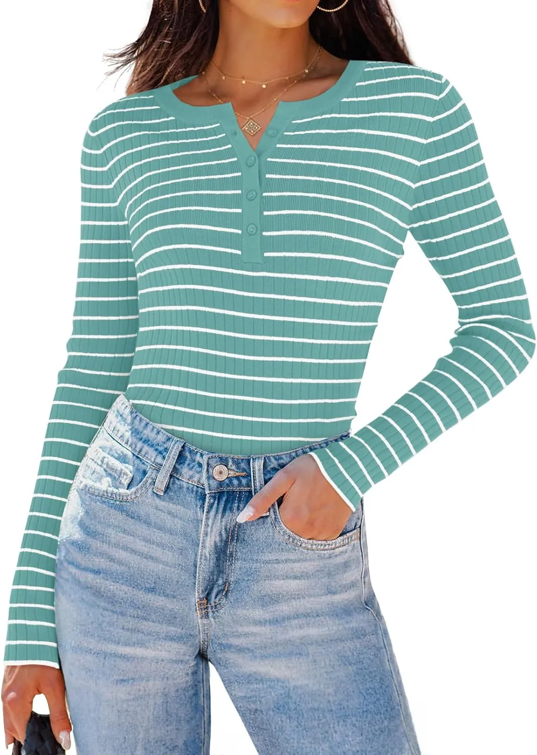ZESICA Womens Long Sleeve Striped Shirts V Neck Button Up Sweater Casual Loose Basic Tops Trendy Spring Clothes