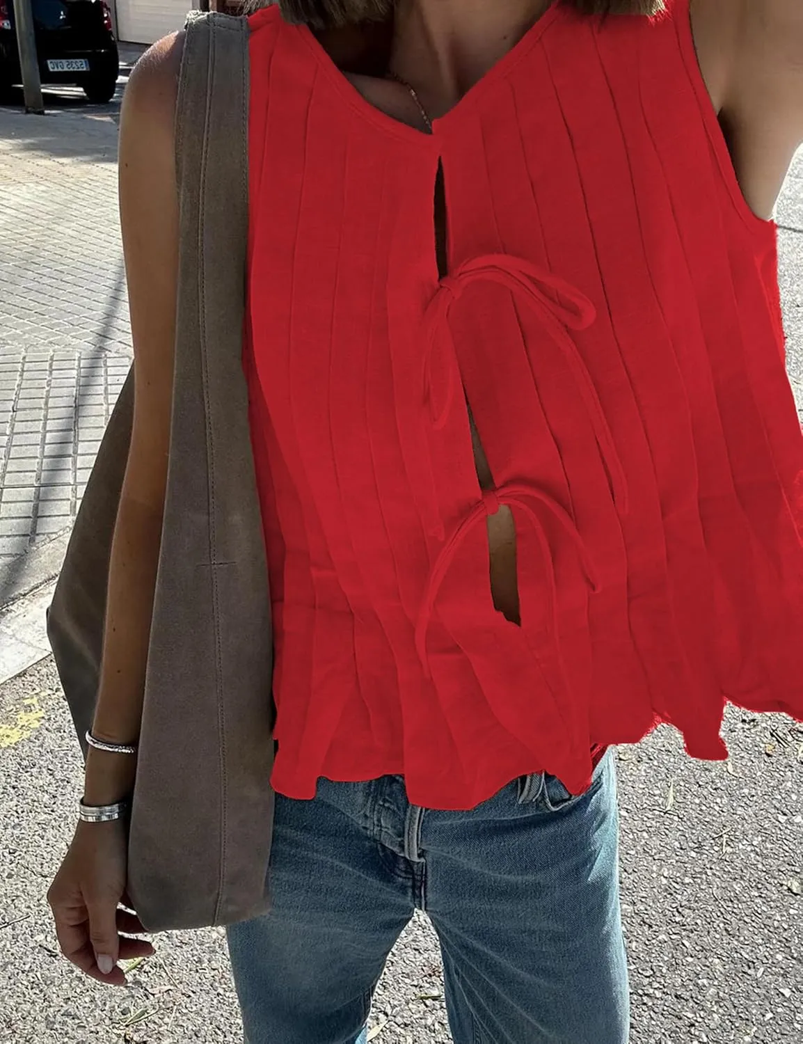 Zontroldy Women's Linen Tie Front Shirts Sleeveless Y2K Babydoll Ruffle Tank Top Aesthetic Clothes