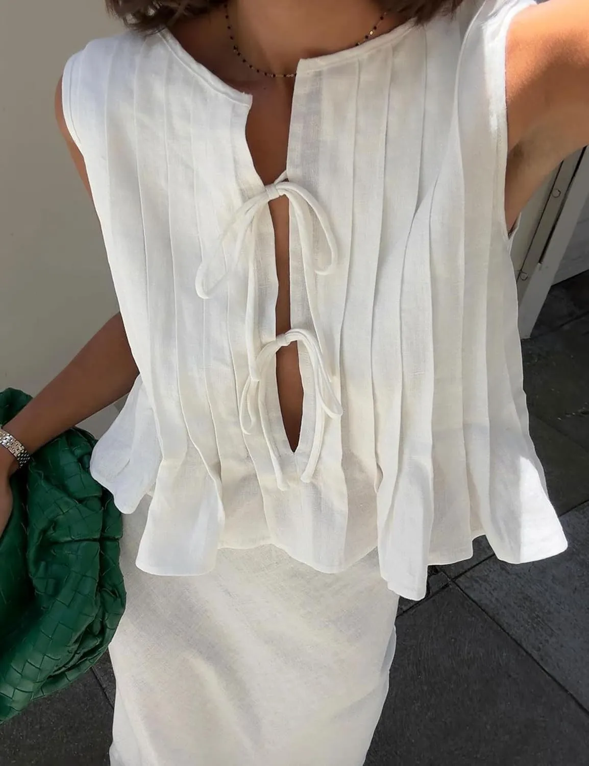 Zontroldy Women's Linen Tie Front Shirts Sleeveless Y2K Babydoll Ruffle Tank Top Aesthetic Clothes