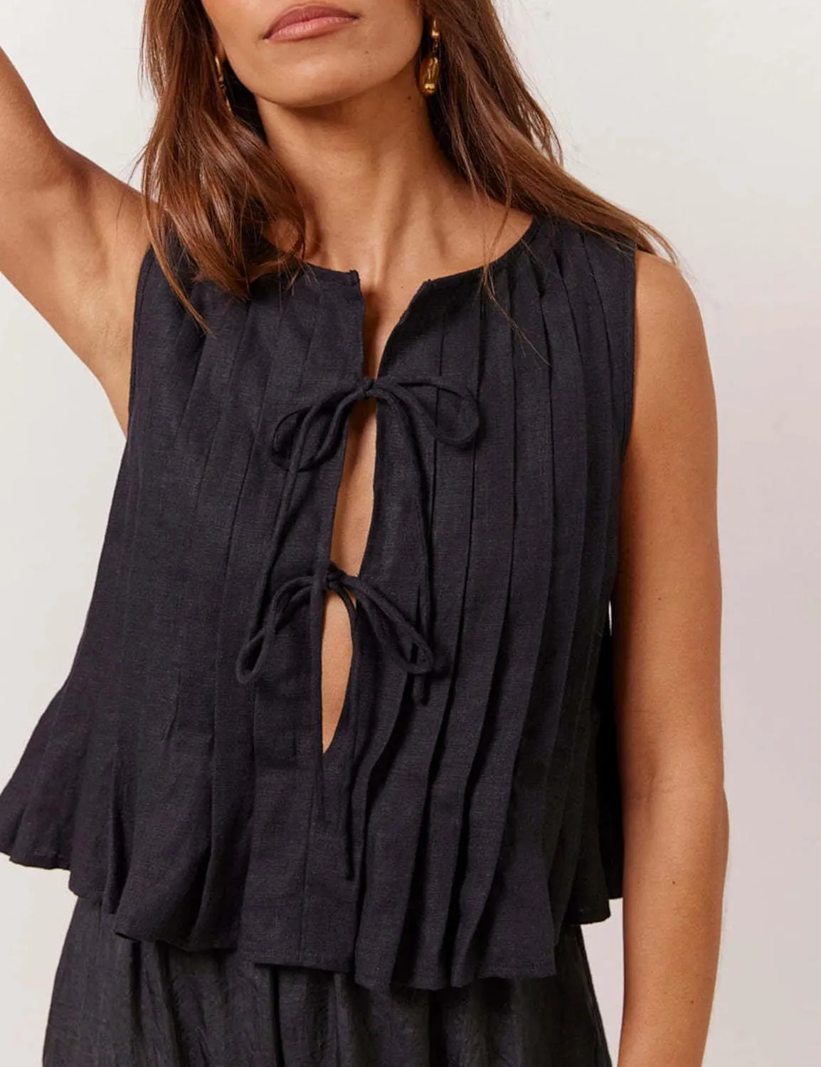 Zontroldy Women's Linen Tie Front Shirts Sleeveless Y2K Babydoll Ruffle Tank Top Aesthetic Clothes