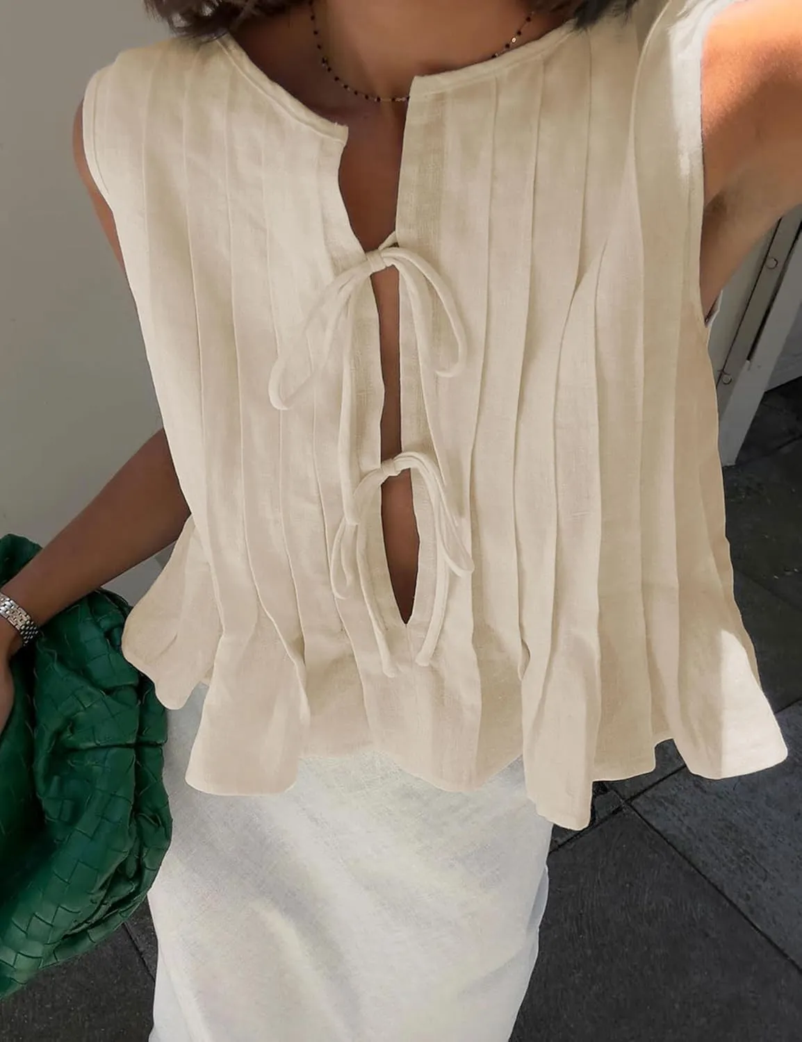 Zontroldy Women's Linen Tie Front Shirts Sleeveless Y2K Babydoll Ruffle Tank Top Aesthetic Clothes