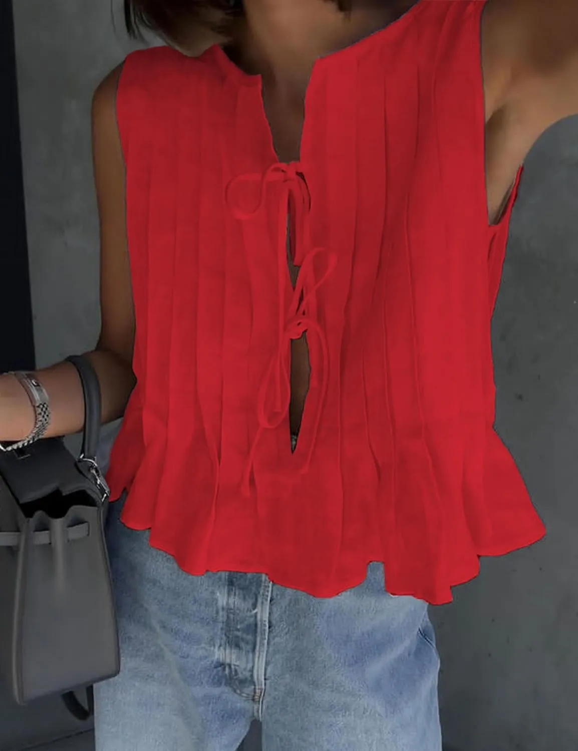 Zontroldy Women's Linen Tie Front Shirts Sleeveless Y2K Babydoll Ruffle Tank Top Aesthetic Clothes