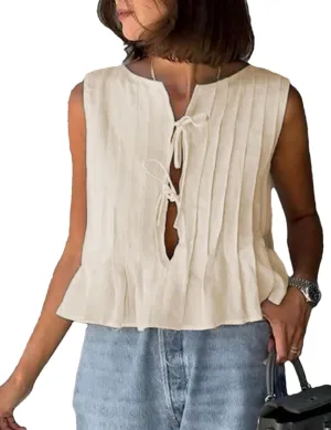 Zontroldy Women's Linen Tie Front Shirts Sleeveless Y2K Babydoll Ruffle Tank Top Aesthetic Clothes