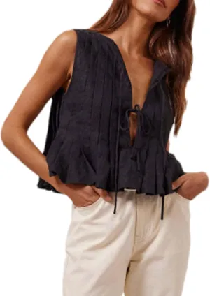 Zontroldy Women's Linen Tie Front Shirts Sleeveless Y2K Babydoll Ruffle Tank Top Aesthetic Clothes