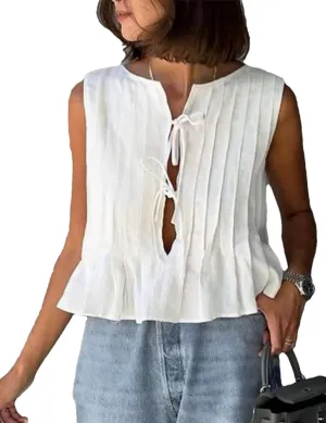 Zontroldy Women's Linen Tie Front Shirts Sleeveless Y2K Babydoll Ruffle Tank Top Aesthetic Clothes